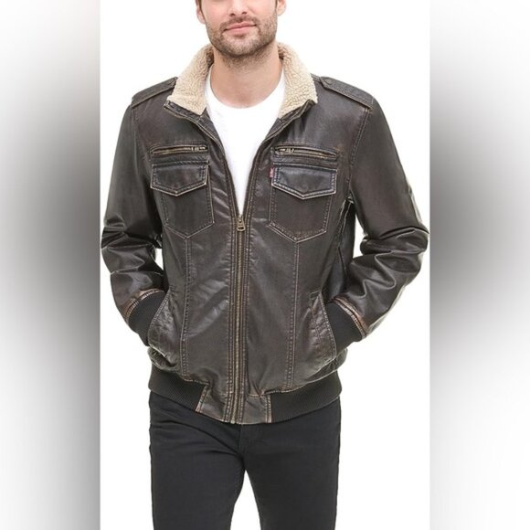 Levi's Aviator Bomber Moto Racer Faux Leather Sherpa Lined Jacket Men's XL - Picture 1 of 11